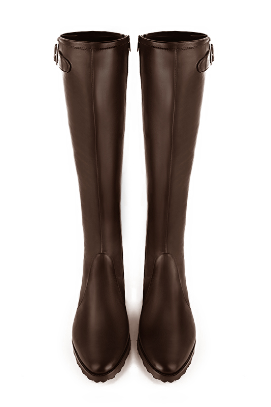 Dark brown women's knee-high boots with buckles. Round toe. Flat rubber soles. Made to measure. Top view - Florence KOOIJMAN